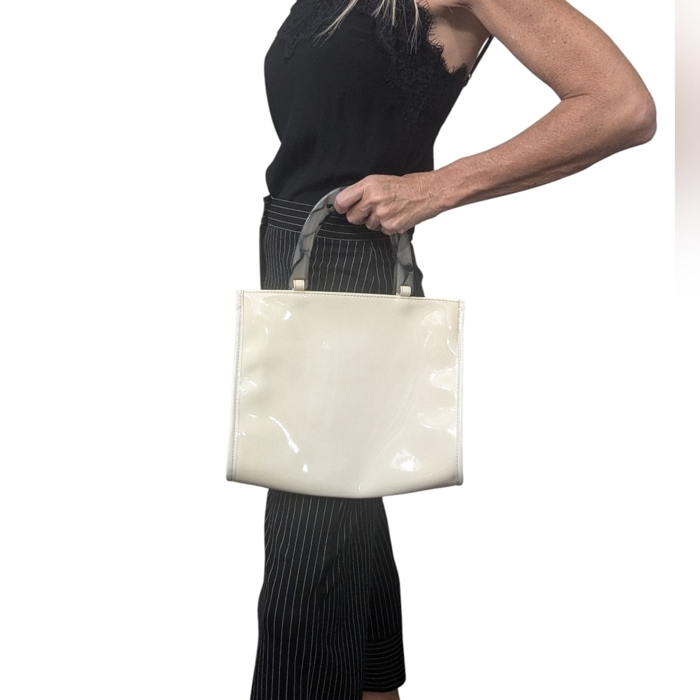 Vintage Neiman Marcus Patent Cream Handbag with Lucite Handles Y2K Mod Chic